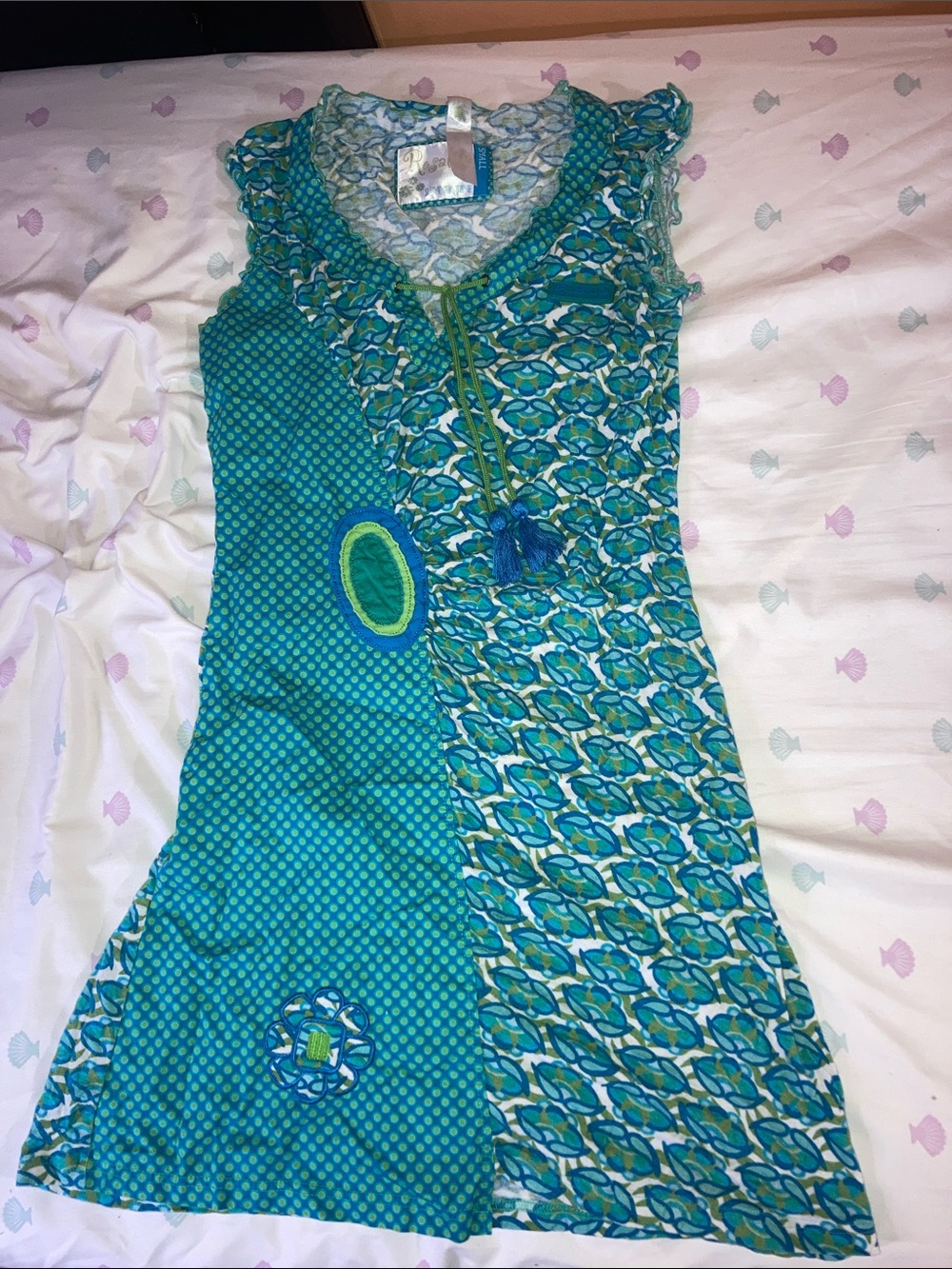 Women’s Teal Patterned Midi Dress with Tassel Tie